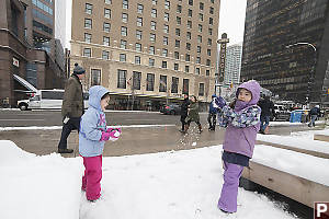 Claira And Nara Playing In Downtown Snow