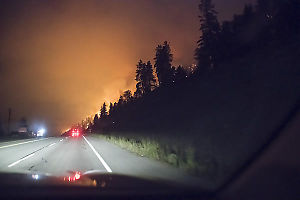 Driving Forest Fire Lit Road